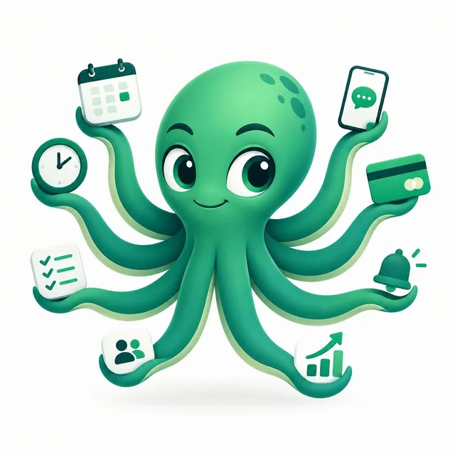 Ollie the octopus juggling a calendar, clock, card and checklist